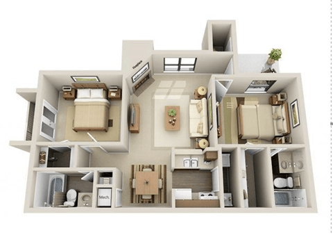 Floor plan for 2 beds, 2 baths, 930 sqft